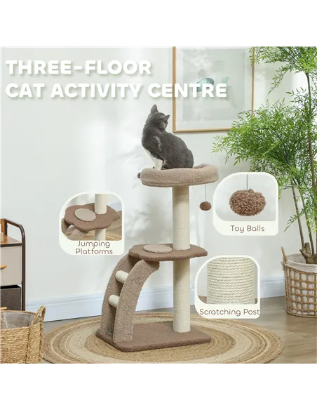 PawHut Cat Tree for Indoor Cats, 88cm Cat Tower with Sisal Scratching Post, Hanging Ball, Large Cat Perch, Stairs, Brown