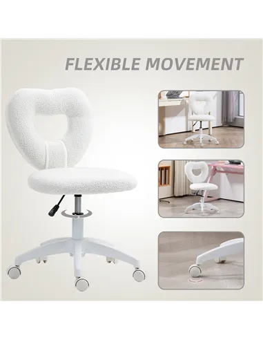 HOMCOM Armless Heart Computer Desk Chair, Teddy Fleece Swivel Office Chair, Makeup Vanity Chair with Height Adjustable, Wheels, 