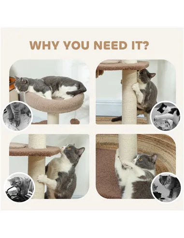 PawHut Cat Tree for Indoor Cats, 88cm Cat Tower with Sisal Scratching Post, Hanging Ball, Large Cat Perch, Stairs, Brown
