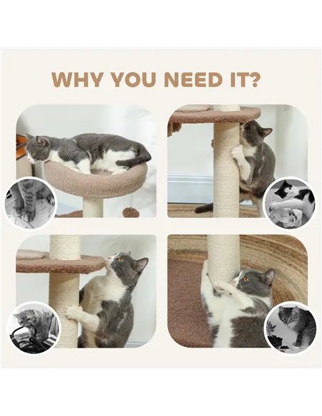 PawHut Cat Tree for Indoor Cats, 88cm Cat Tower with Sisal Scratching Post, Hanging Ball, Large Cat Perch, Stairs, Brown