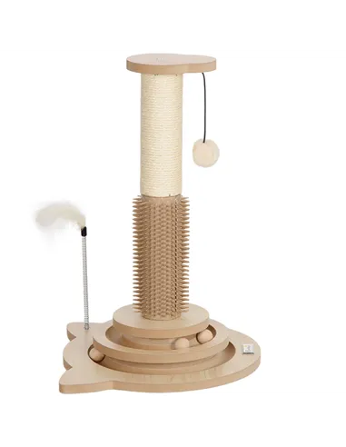 PawHut 49cm 5 in 1 Cat Scratching Post with Sisal Post, Track Ball, Self Grooming Brush, Hanging Toy Ball, Feather, Oak Tone
