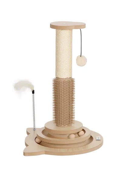 PawHut 49cm 5 in 1 Cat Scratching Post with Sisal Post, Track Ball, Self Grooming Brush, Hanging Toy Ball, Feather, Oak Tone