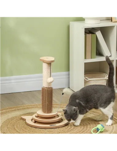 PawHut 49cm 5 in 1 Cat Scratching Post with Sisal Post, Track Ball, Self Grooming Brush, Hanging Toy Ball, Feather, Oak Tone