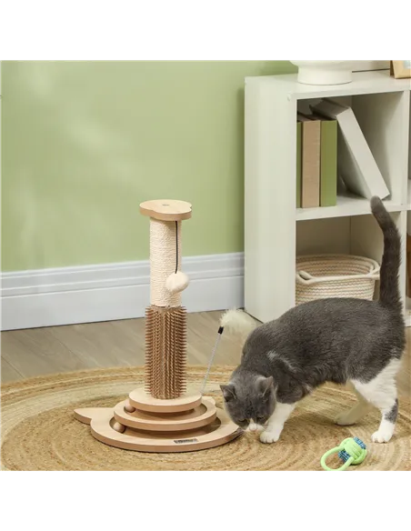 PawHut 49cm 5 in 1 Cat Scratching Post with Sisal Post, Track Ball, Self Grooming Brush, Hanging Toy Ball, Feather, Oak Tone