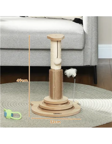 PawHut 49cm 5 in 1 Cat Scratching Post with Sisal Post, Track Ball, Self Grooming Brush, Hanging Toy Ball, Feather, Oak Tone