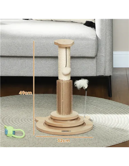 PawHut 49cm 5 in 1 Cat Scratching Post with Sisal Post, Track Ball, Self Grooming Brush, Hanging Toy Ball, Feather, Oak Tone