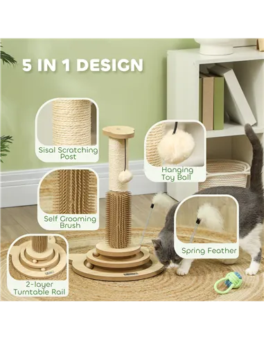 PawHut 49cm 5 in 1 Cat Scratching Post with Sisal Post, Track Ball, Self Grooming Brush, Hanging Toy Ball, Feather, Oak Tone