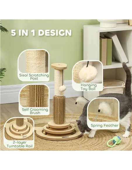 PawHut 49cm 5 in 1 Cat Scratching Post with Sisal Post, Track Ball, Self Grooming Brush, Hanging Toy Ball, Feather, Oak Tone