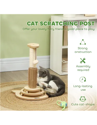 PawHut 49cm 5 in 1 Cat Scratching Post with Sisal Post, Track Ball, Self Grooming Brush, Hanging Toy Ball, Feather, Oak Tone