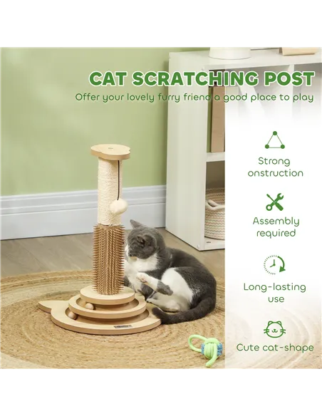 PawHut 49cm 5 in 1 Cat Scratching Post with Sisal Post, Track Ball, Self Grooming Brush, Hanging Toy Ball, Feather, Oak Tone