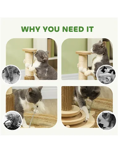 PawHut 49cm 5 in 1 Cat Scratching Post with Sisal Post, Track Ball, Self Grooming Brush, Hanging Toy Ball, Feather, Oak Tone