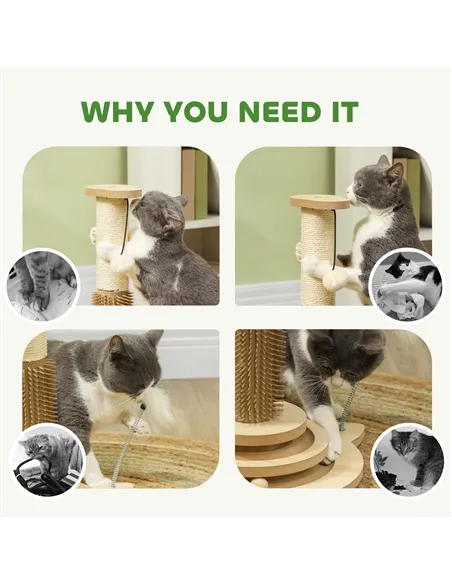 PawHut 49cm 5 in 1 Cat Scratching Post with Sisal Post, Track Ball, Self Grooming Brush, Hanging Toy Ball, Feather, Oak Tone