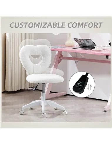 HOMCOM Armless Heart Computer Desk Chair, Teddy Fleece Swivel Office Chair, Makeup Vanity Chair with Height Adjustable, Wheels, 