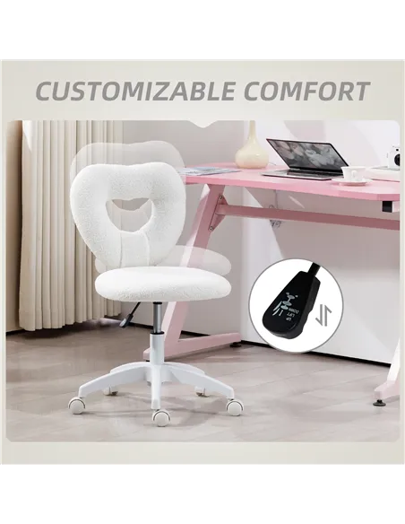 HOMCOM Armless Heart Computer Desk Chair, Teddy Fleece Swivel Office Chair, Makeup Vanity Chair with Height Adjustable, Wheels, 