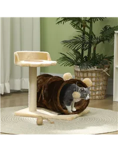 PawHut 47cm Small Cat Tree w/ Scratching Post, Bed, Cat Tunnel, Toy Ball, Dark Brown 2