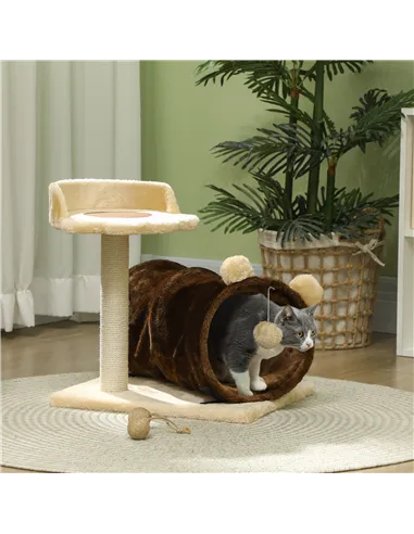PawHut 47cm Small Cat Tree w/ Scratching Post, Bed, Cat Tunnel, Toy Ball, Dark Brown