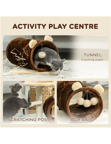 PawHut 47cm Small Cat Tree w/ Scratching Post, Bed, Cat Tunnel, Toy Ball, Dark Brown