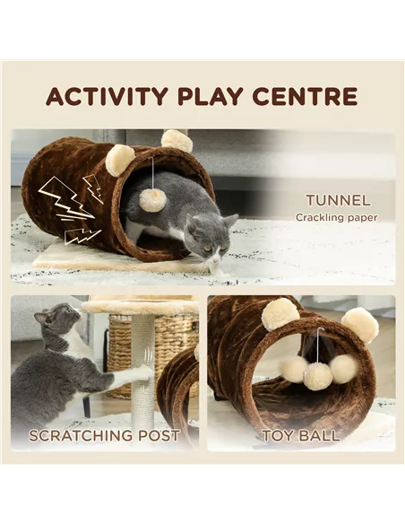PawHut 47cm Small Cat Tree w/ Scratching Post, Bed, Cat Tunnel, Toy Ball, Dark Brown