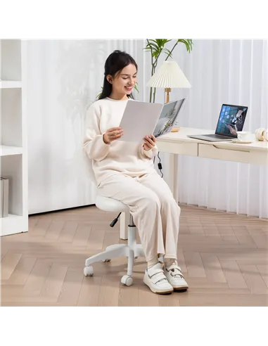 HOMCOM Armless Heart Computer Desk Chair, Teddy Fleece Swivel Office Chair, Makeup Vanity Chair with Height Adjustable, Wheels, 