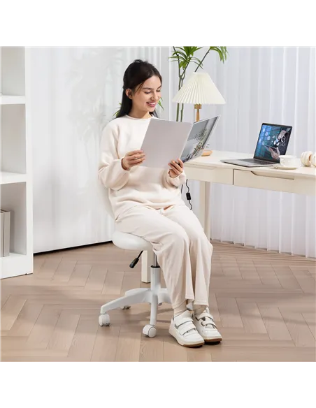 HOMCOM Armless Heart Computer Desk Chair, Teddy Fleece Swivel Office Chair, Makeup Vanity Chair with Height Adjustable, Wheels, 