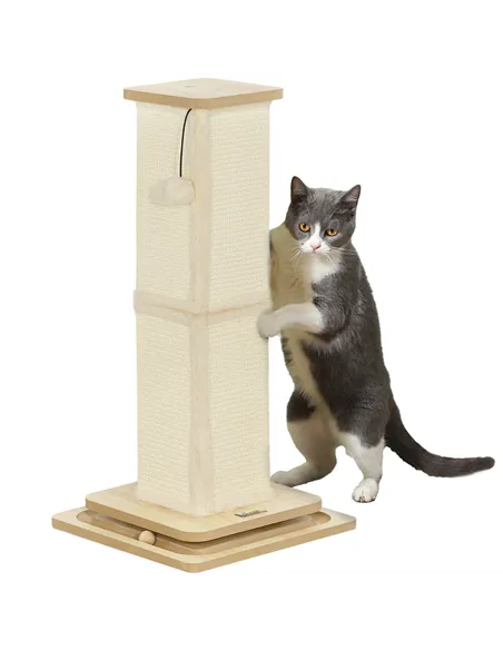 PawHut 3-in-1 Cat Scratching Post, 67cm Cat Scratcher w/ Track Ball Toy, Oak Tone