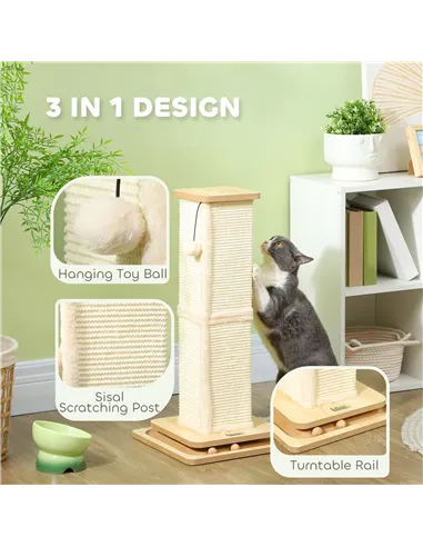 PawHut 3-in-1 Cat Scratching Post, 67cm Cat Scratcher w/ Track Ball Toy, Oak Tone