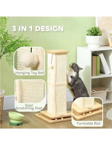 PawHut 3-in-1 Cat Scratching Post, 67cm Cat Scratcher w/ Track Ball Toy, Oak Tone