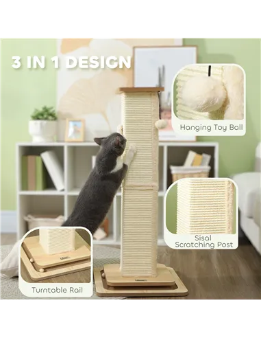 PawHut 3-in-1 Cat Scratching Post, 87cm Cat Scratcher w/ Track Ball Toy, Oak Tone