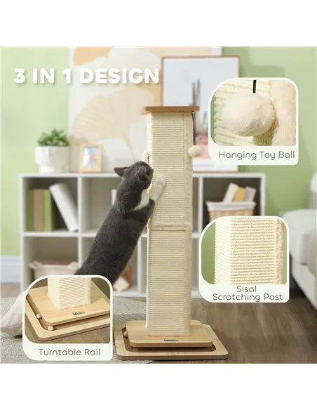 PawHut 3-in-1 Cat Scratching Post, 87cm Cat Scratcher w/ Track Ball Toy, Oak Tone
