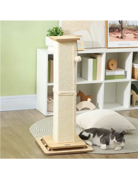 PawHut 3-in-1 Cat Scratching Post, 87cm Cat Scratcher w/ Track Ball Toy, Oak Tone