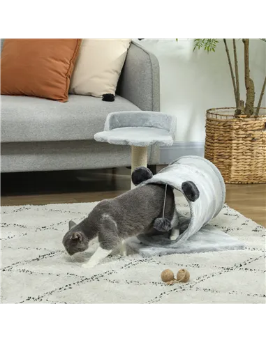 PawHut 47cm Small Cat Tree w/ Scratching Post, Bed, Cat Tunnel, Toy Ball, Grey