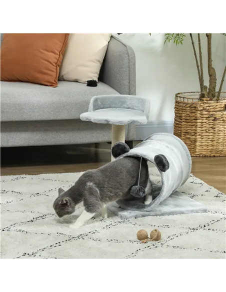 PawHut 47cm Small Cat Tree w/ Scratching Post, Bed, Cat Tunnel, Toy Ball, Grey