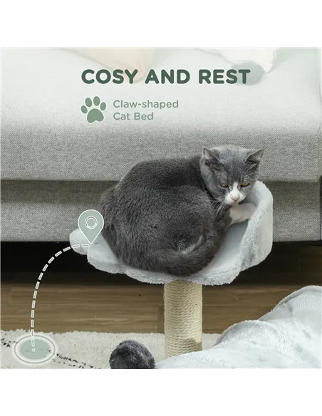 PawHut 47cm Small Cat Tree w/ Scratching Post, Bed, Cat Tunnel, Toy Ball, Grey