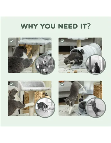PawHut 47cm Small Cat Tree w/ Scratching Post, Bed, Cat Tunnel, Toy Ball, Grey