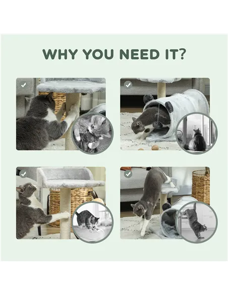 PawHut 47cm Small Cat Tree w/ Scratching Post, Bed, Cat Tunnel, Toy Ball, Grey