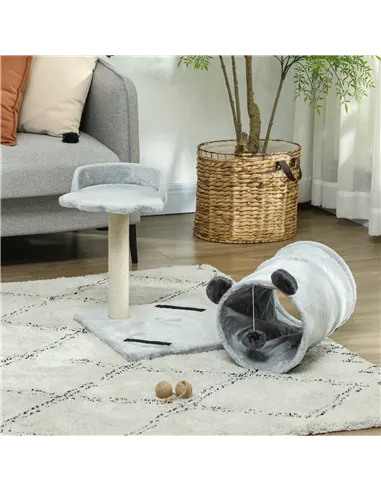 PawHut 47cm Small Cat Tree w/ Scratching Post, Bed, Cat Tunnel, Toy Ball, Grey
