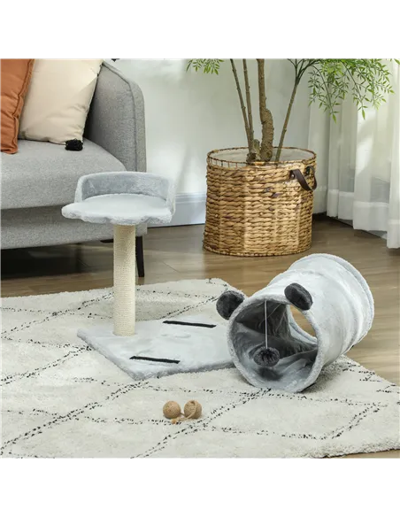 PawHut 47cm Small Cat Tree w/ Scratching Post, Bed, Cat Tunnel, Toy Ball, Grey