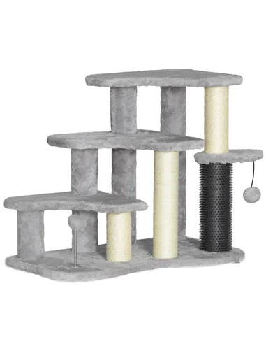 PawHut 2-in-1 Cat Tree, Pet Stairs w/ Scratching Post, Toy Balls, for Bed, Sofa, Couch, Light Grey