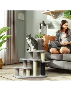 PawHut 2-in-1 Cat Tree, Pet Stairs w/ Scratching Post, Toy Balls, for Bed, Sofa, Couch, Light Grey 2