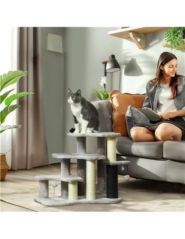 PawHut 2-in-1 Cat Tree, Pet Stairs w/ Scratching Post, Toy Balls, for Bed, Sofa, Couch, Light Grey