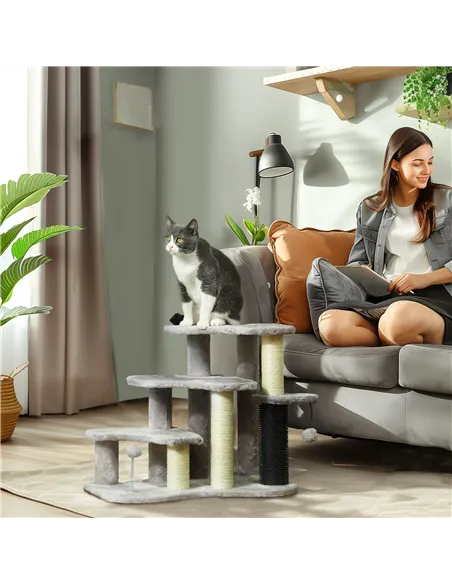 PawHut 2-in-1 Cat Tree, Pet Stairs w/ Scratching Post, Toy Balls, for Bed, Sofa, Couch, Light Grey