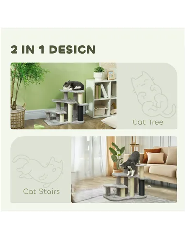 PawHut 2-in-1 Cat Tree, Pet Stairs w/ Scratching Post, Toy Balls, for Bed, Sofa, Couch, Light Grey