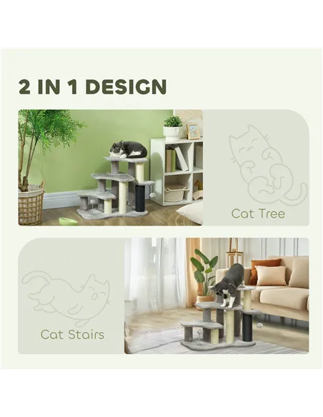 PawHut 2-in-1 Cat Tree, Pet Stairs w/ Scratching Post, Toy Balls, for Bed, Sofa, Couch, Light Grey