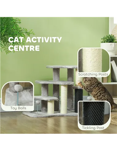 PawHut 2-in-1 Cat Tree, Pet Stairs w/ Scratching Post, Toy Balls, for Bed, Sofa, Couch, Light Grey