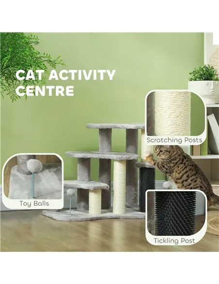 PawHut 2-in-1 Cat Tree, Pet Stairs w/ Scratching Post, Toy Balls, for Bed, Sofa, Couch, Light Grey