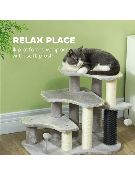 PawHut 2-in-1 Cat Tree, Pet Stairs w/ Scratching Post, Toy Balls, for Bed, Sofa, Couch, Light Grey