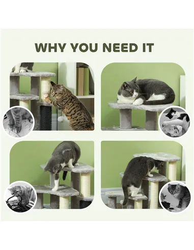 PawHut 2-in-1 Cat Tree, Pet Stairs w/ Scratching Post, Toy Balls, for Bed, Sofa, Couch, Light Grey