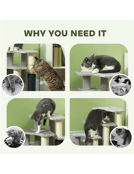 PawHut 2-in-1 Cat Tree, Pet Stairs w/ Scratching Post, Toy Balls, for Bed, Sofa, Couch, Light Grey