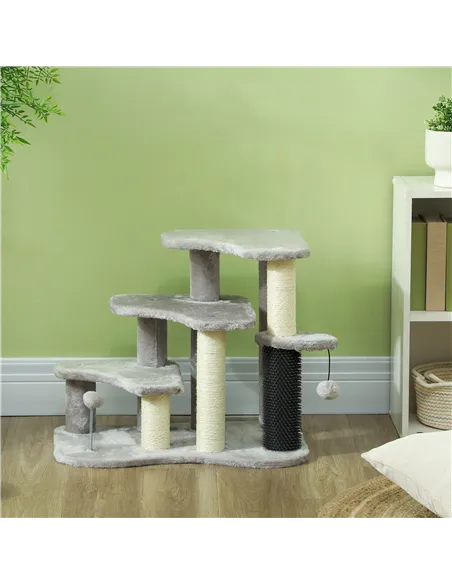 PawHut 2-in-1 Cat Tree, Pet Stairs w/ Scratching Post, Toy Balls, for Bed, Sofa, Couch, Light Grey