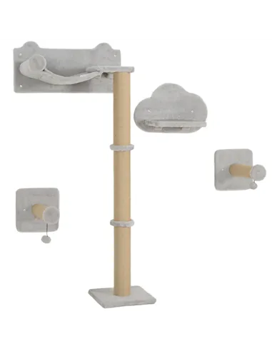 PawHut 4-Piece Cat Shelves w/ Scratching Post, Steps, Jumping Platform, Ladder, Toy Balls, for Indoor Cats, Light Grey